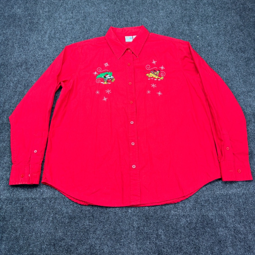 Disney Mickey Mouse Pluto Christmas Red Button Down Shirt Large Cotton Holiday